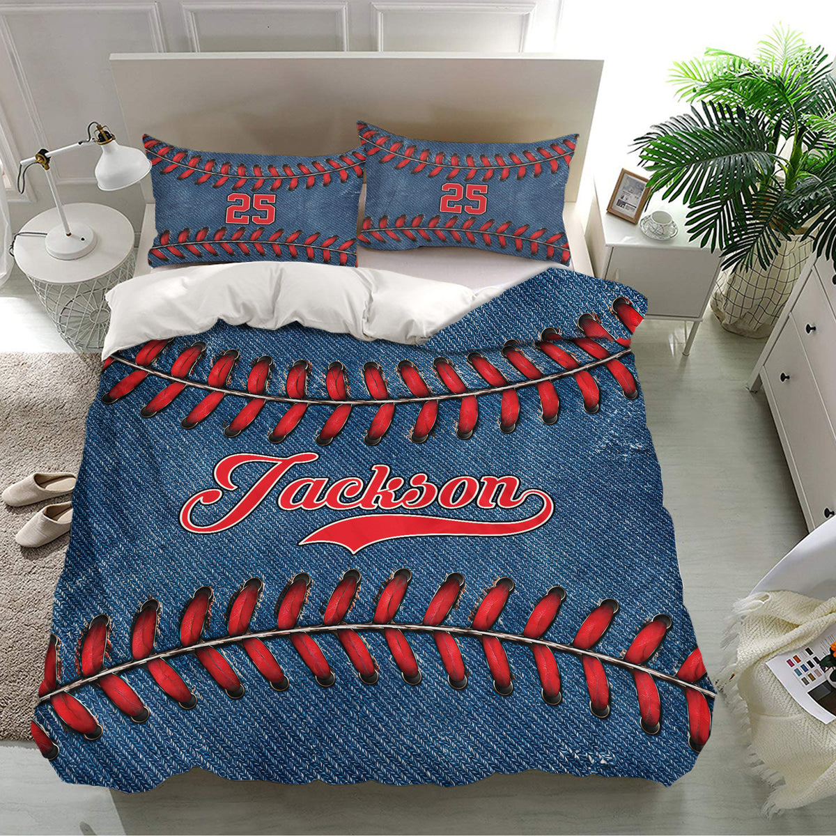 Baseball bedding set featuring bold red stitching across a textured blue duvet cover and pillowcases