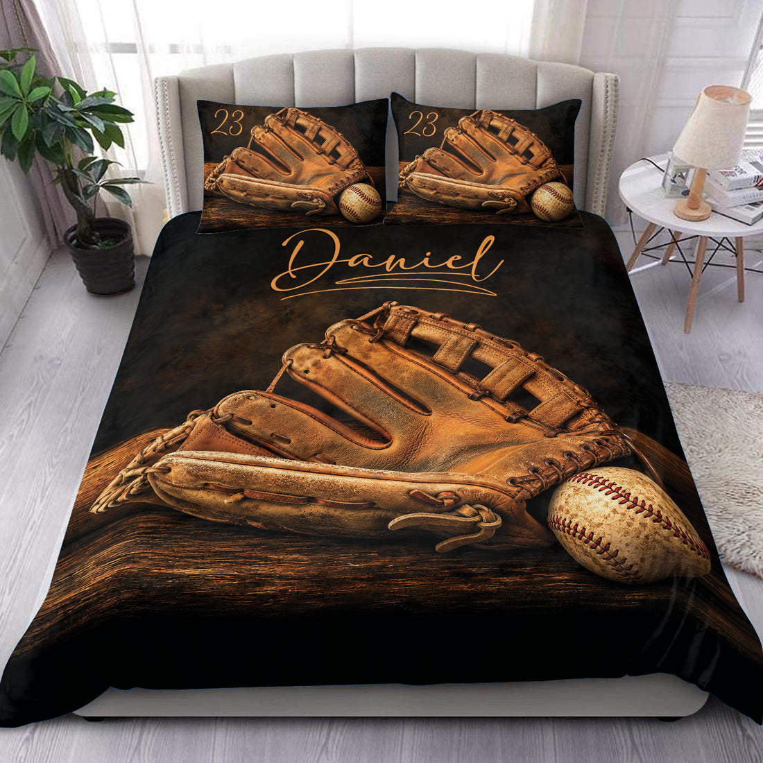 Baseball duvet cover set displayed on a bed with vintage glove and ball artwork