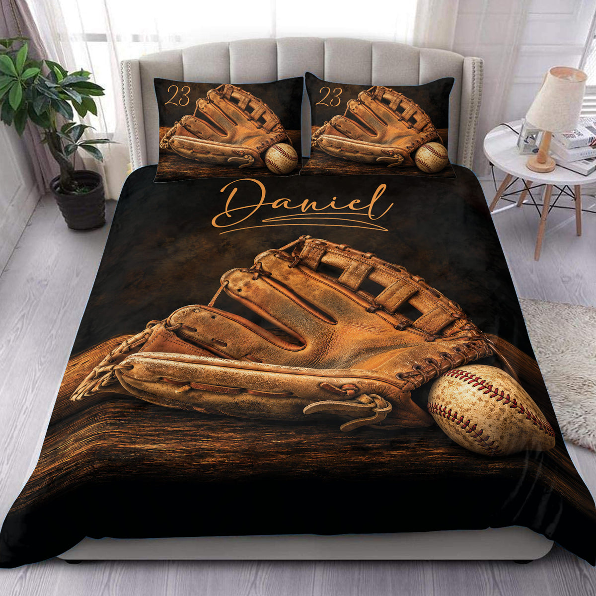 Baseball duvet cover set displayed on a bed with vintage glove and ball artwork
