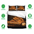 Baseball bedding set featuring warm brown glove and ball artwork in a bedroom display