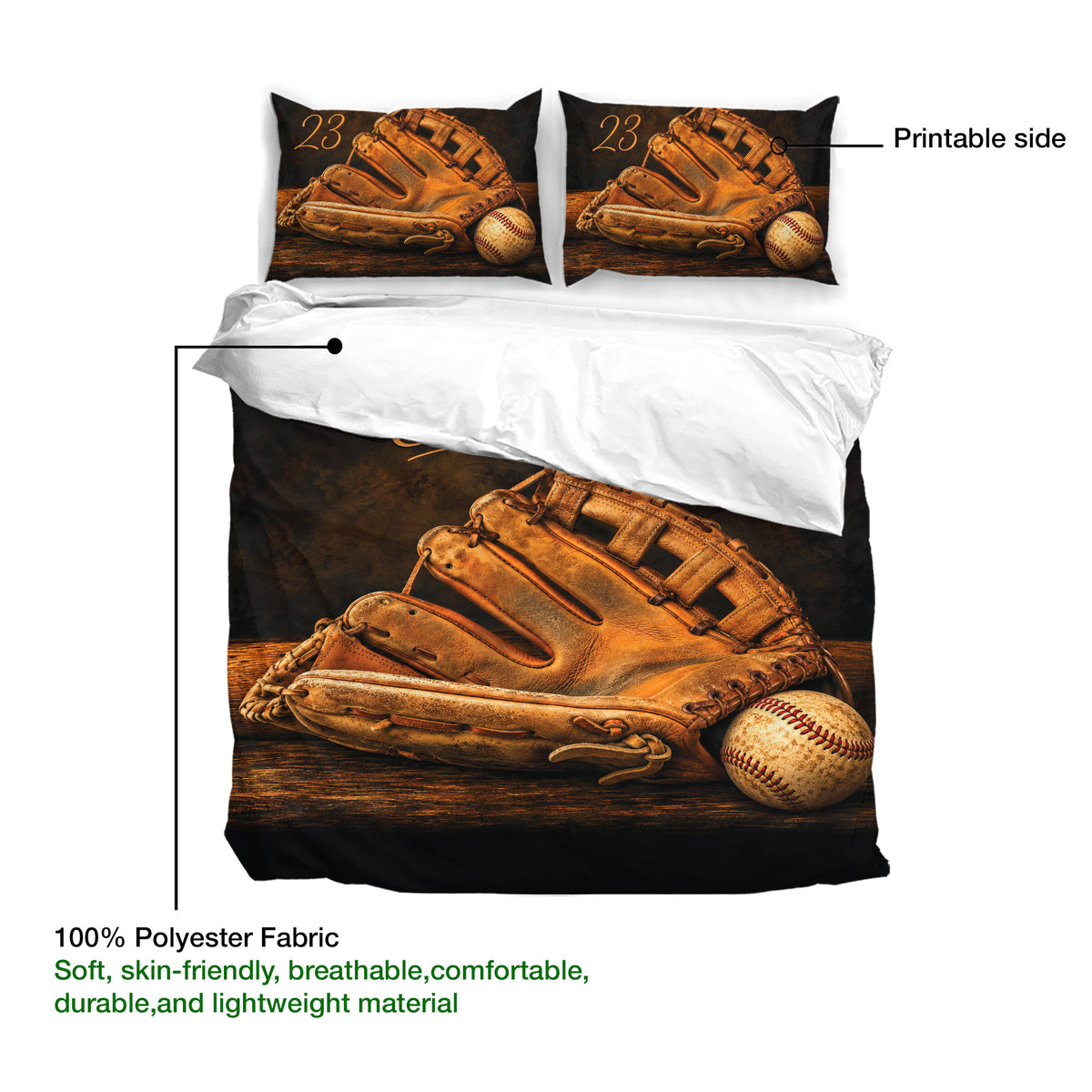Baseball duvet cover with vintage glove and ball artwork shown on the printable side