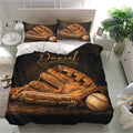Baseball bedding set displayed in a bright bedroom with detailed glove and ball design
