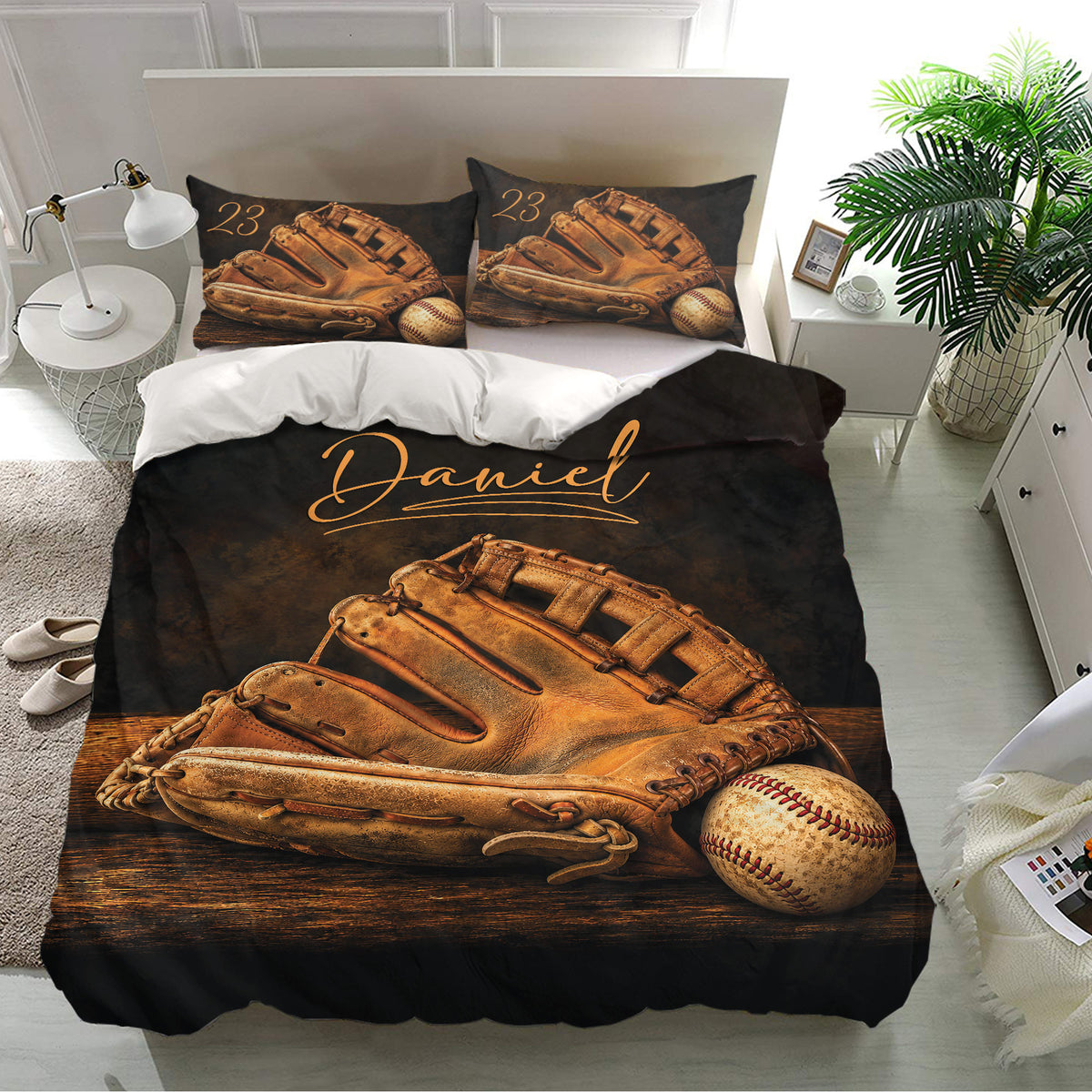 Baseball bedding set displayed in a bright bedroom with detailed glove and ball design