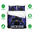 Football bedding set with a helmeted player design, matching pillowcases, and deep blue and black sports artwork