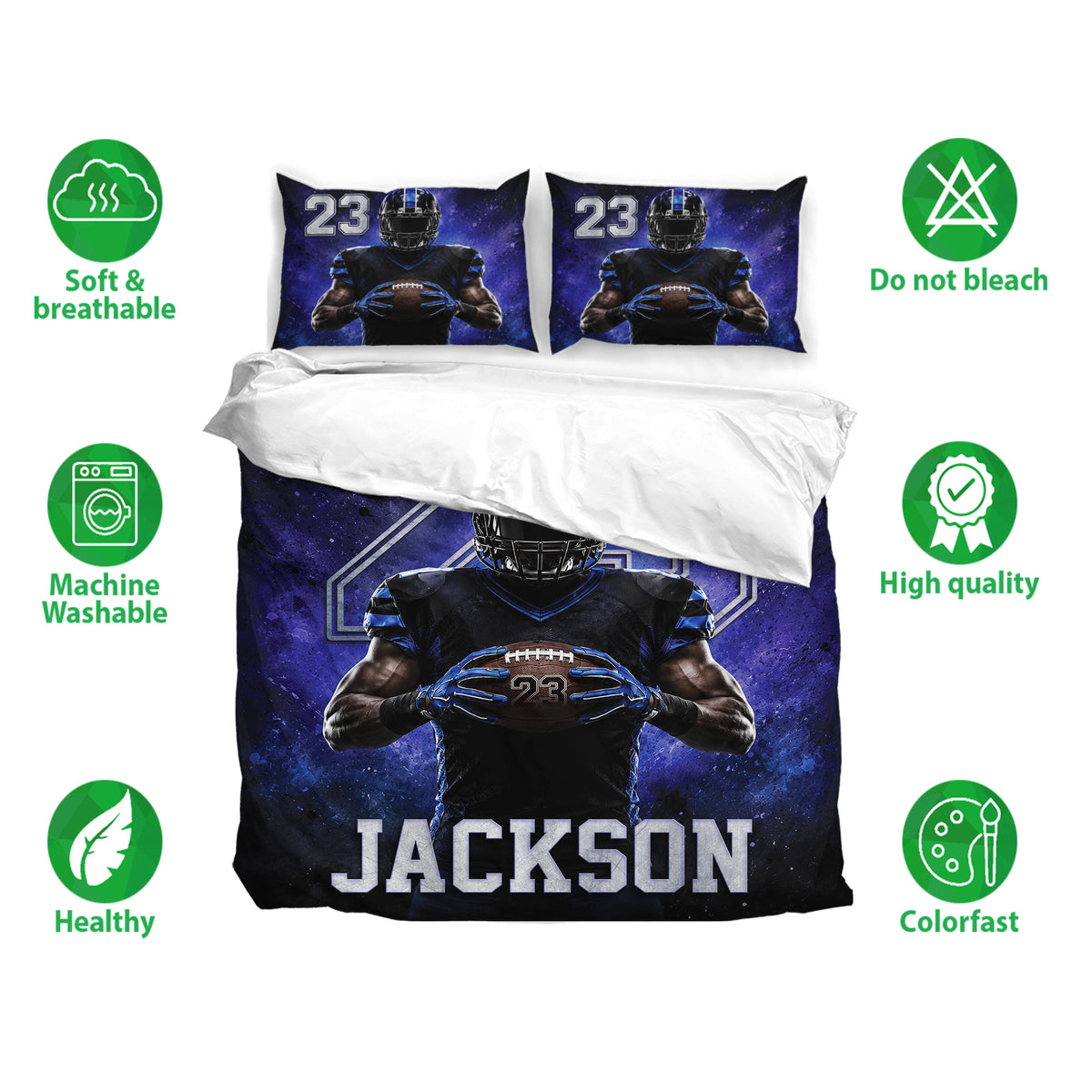 Football bedding set with a helmeted player design, matching pillowcases, and deep blue and black sports artwork