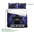 Football duvet cover and matching pillowcases shown with a bold player illustration and deep blue printable artwork