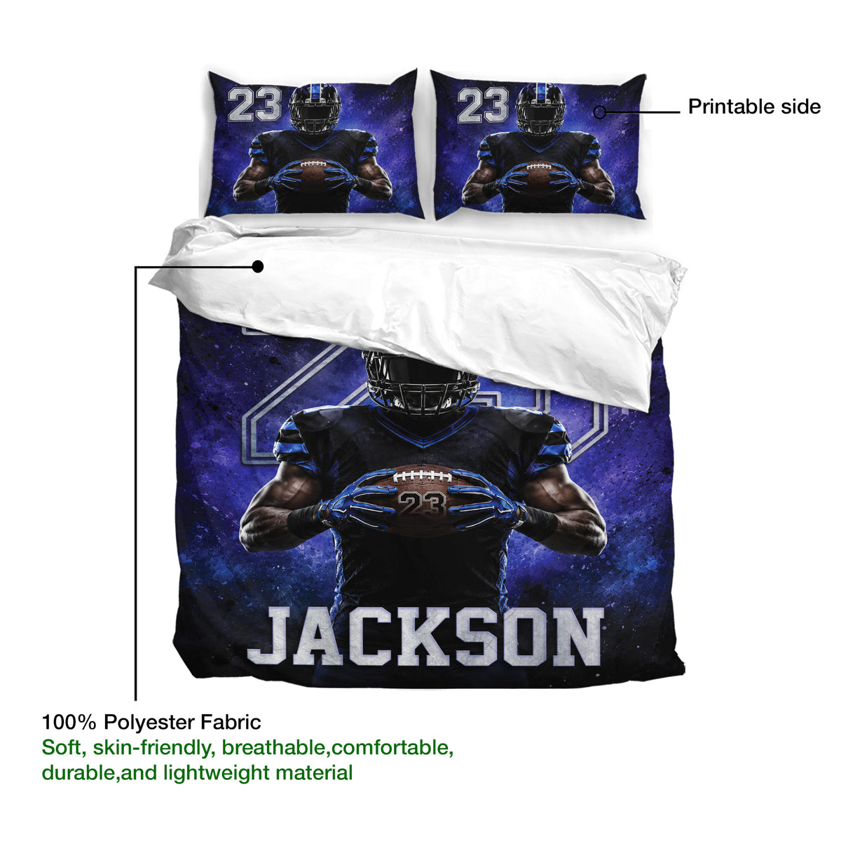 Football duvet cover and matching pillowcases shown with a bold player illustration and deep blue printable artwork