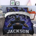 Football duvet cover set styled in a bedroom with a helmeted player, oversized jersey graphics, and navy blue tones