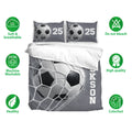 Soccer bedding set with grayscale ball artwork, matching pillowcases, and soft breathable fabric icons