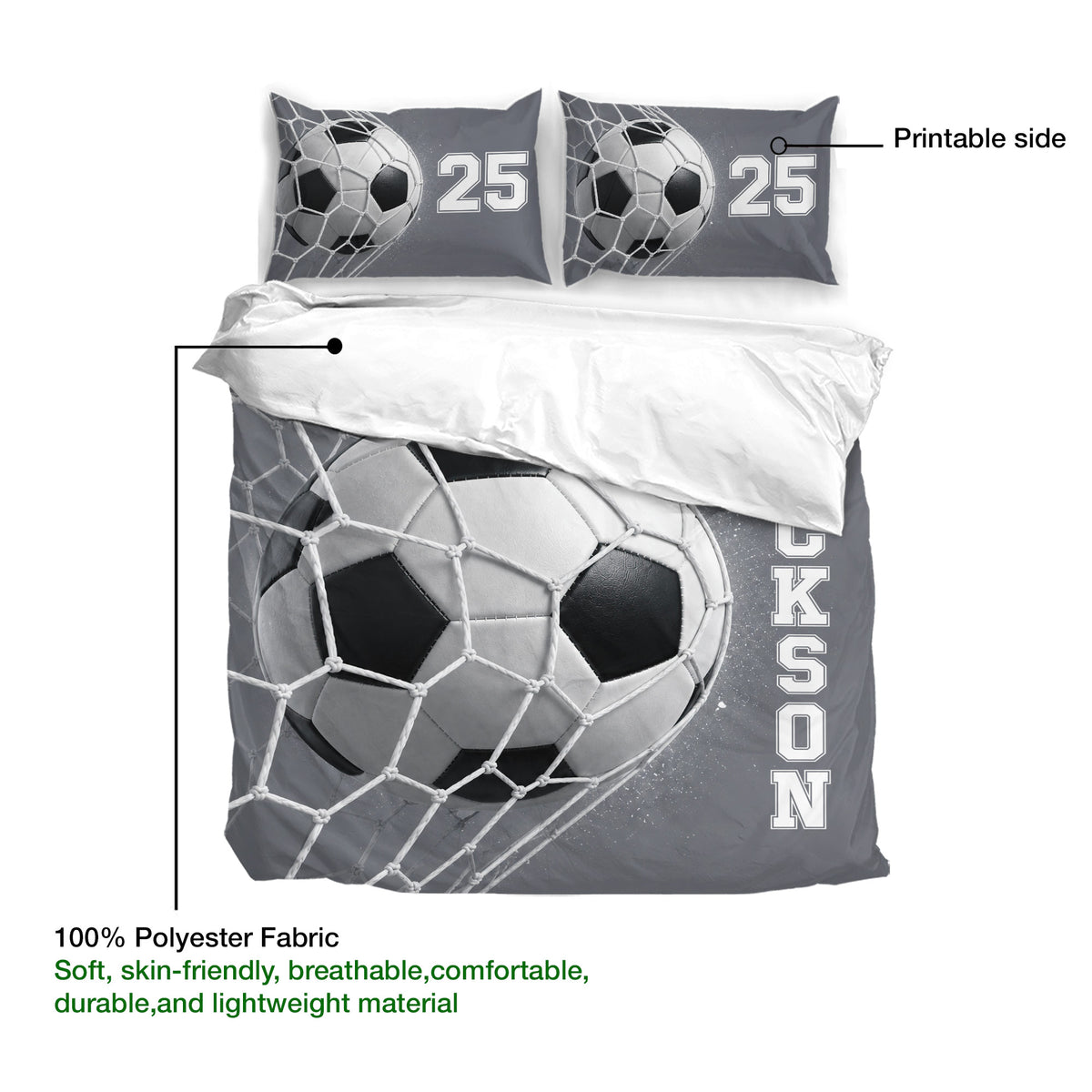 Soccer duvet cover bedding set showing a grayscale ball and net design with fabric detail callouts