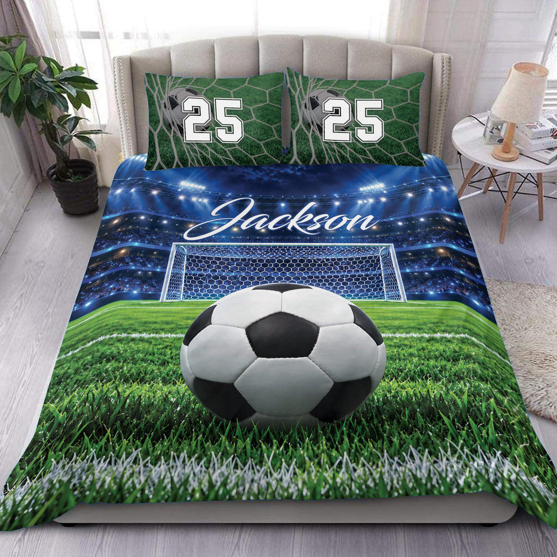 Soccer duvet cover set styled on a bed with a stadium field, goal net, soccer ball, and green turf design