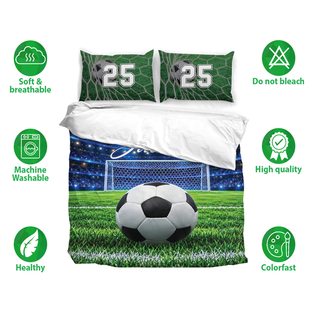 Soccer duvet cover bedding set shown with stadium field artwork, matching pillowcases, and fabric feature icons