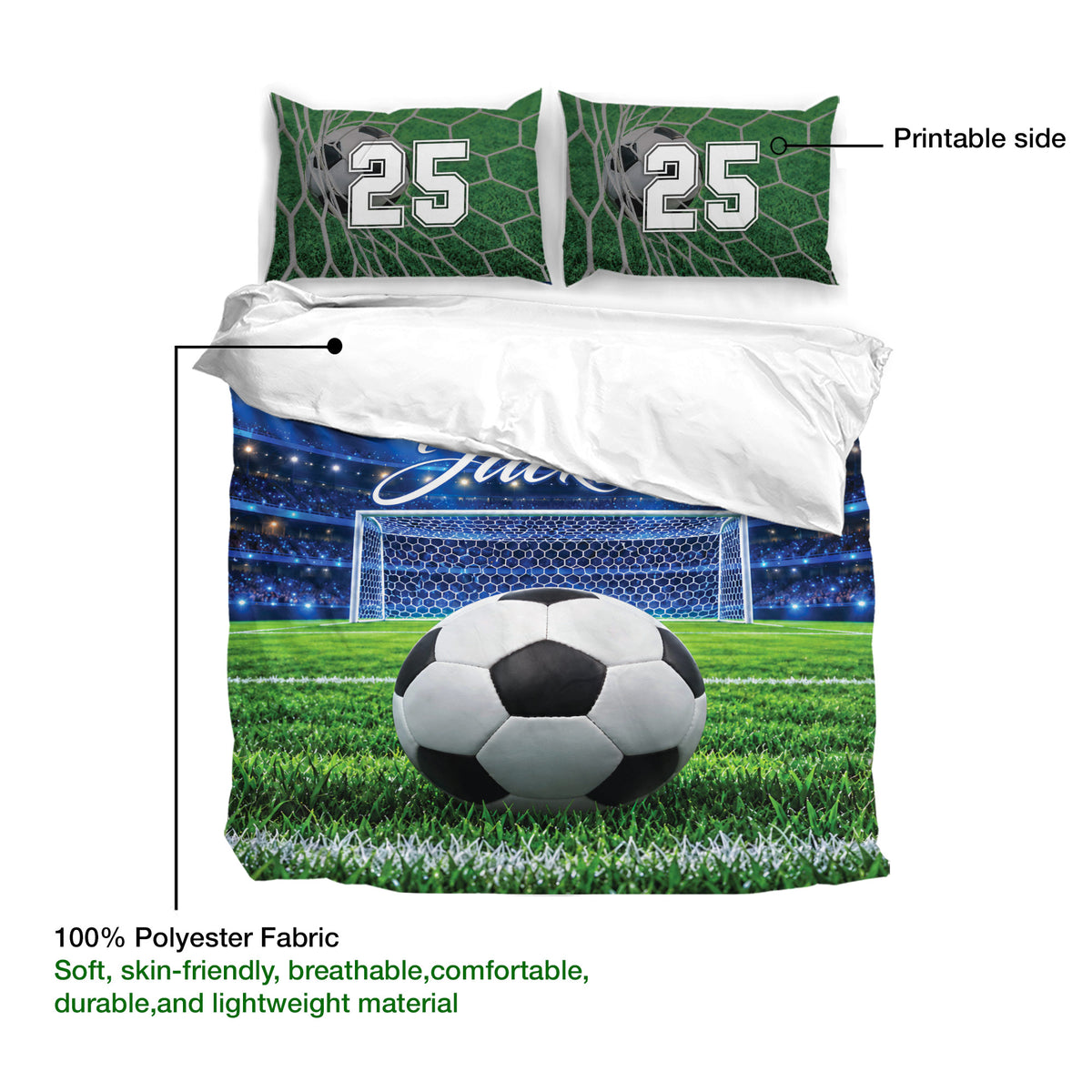 Soccer bedding set display showing the stadium field duvet cover and matching soccer-themed pillowcases