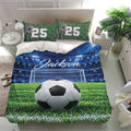 Soccer bedding set styled in a bright bedroom with stadium graphics, green turf, and a large soccer ball