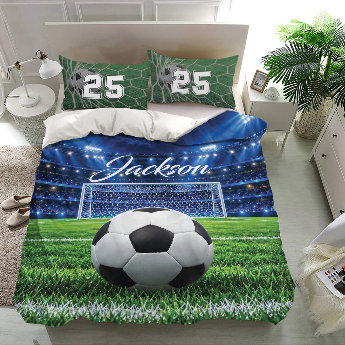 Soccer bedding set styled in a bright bedroom with stadium graphics, green turf, and a large soccer ball