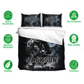 Hockey duvet cover bedding set shown with matching pillowcases, black ice rink artwork, and soft breathable fabric callouts