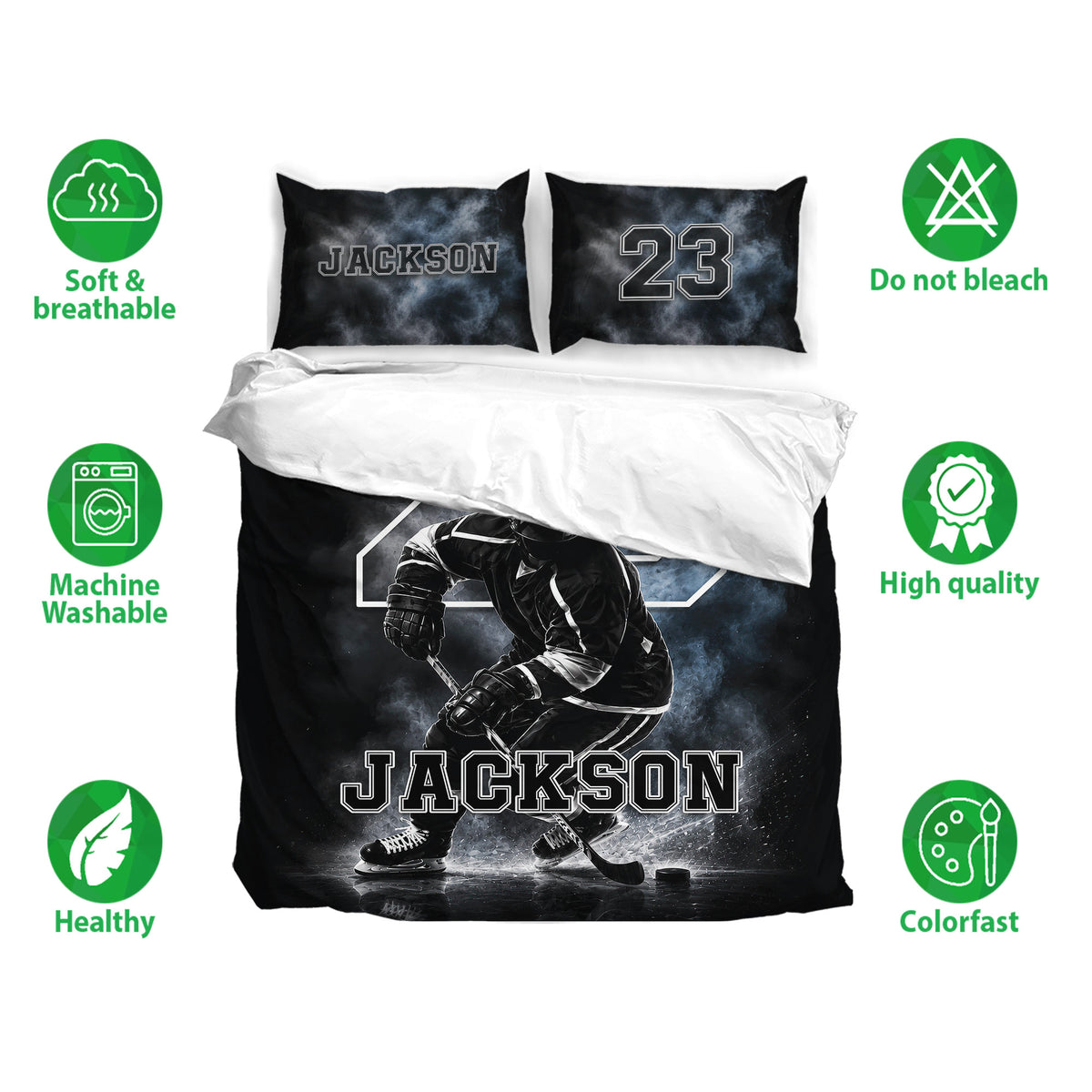 Hockey duvet cover bedding set shown with matching pillowcases, black ice rink artwork, and soft breathable fabric callouts