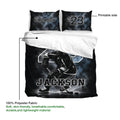 Hockey bedding set detail showing the printable duvet cover side, matching pillowcases, and black ice action artwork