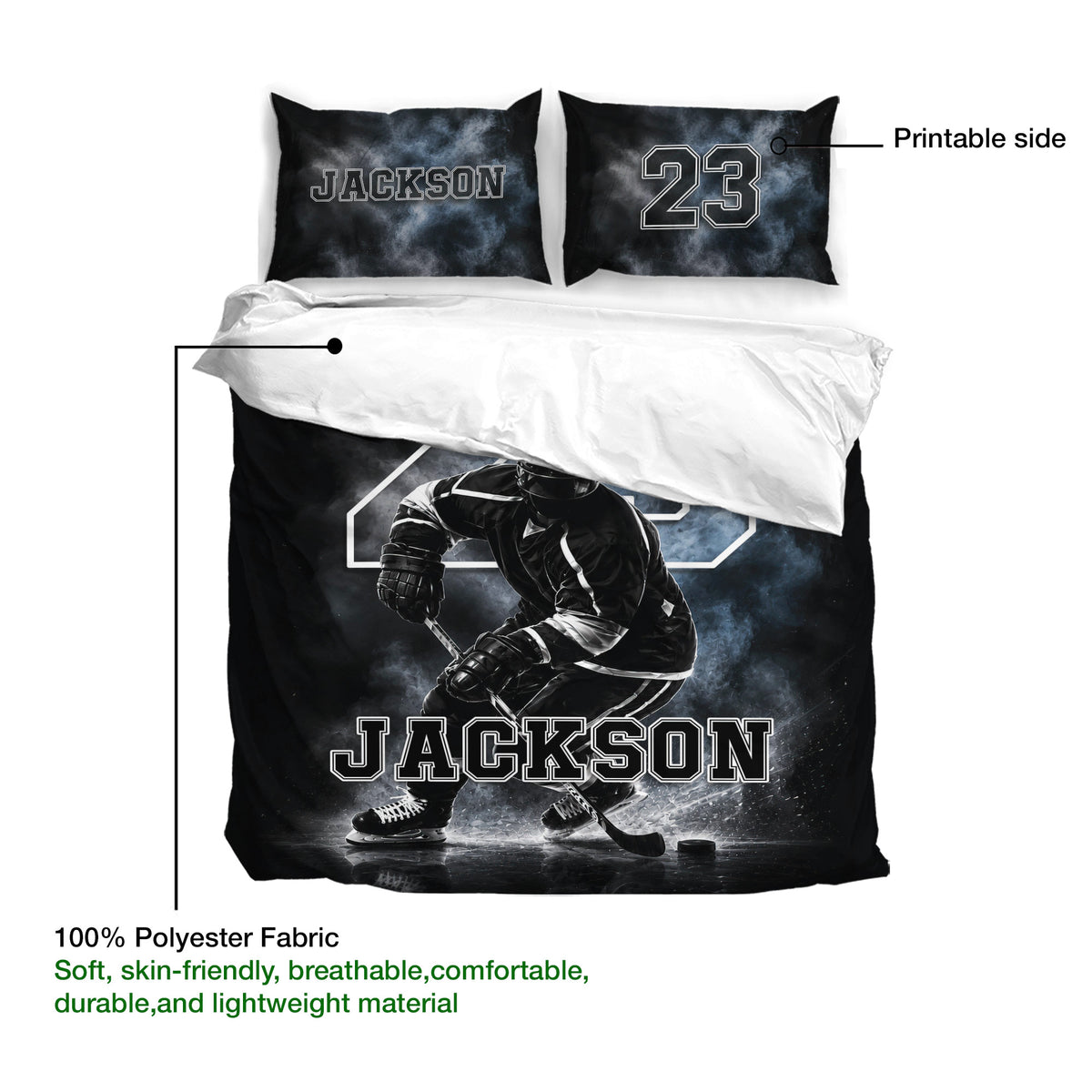Hockey bedding set detail showing the printable duvet cover side, matching pillowcases, and black ice action artwork