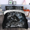 Ice hockey duvet cover set styled in a bedroom with a dramatic black rink scene, player artwork, and bold jersey number