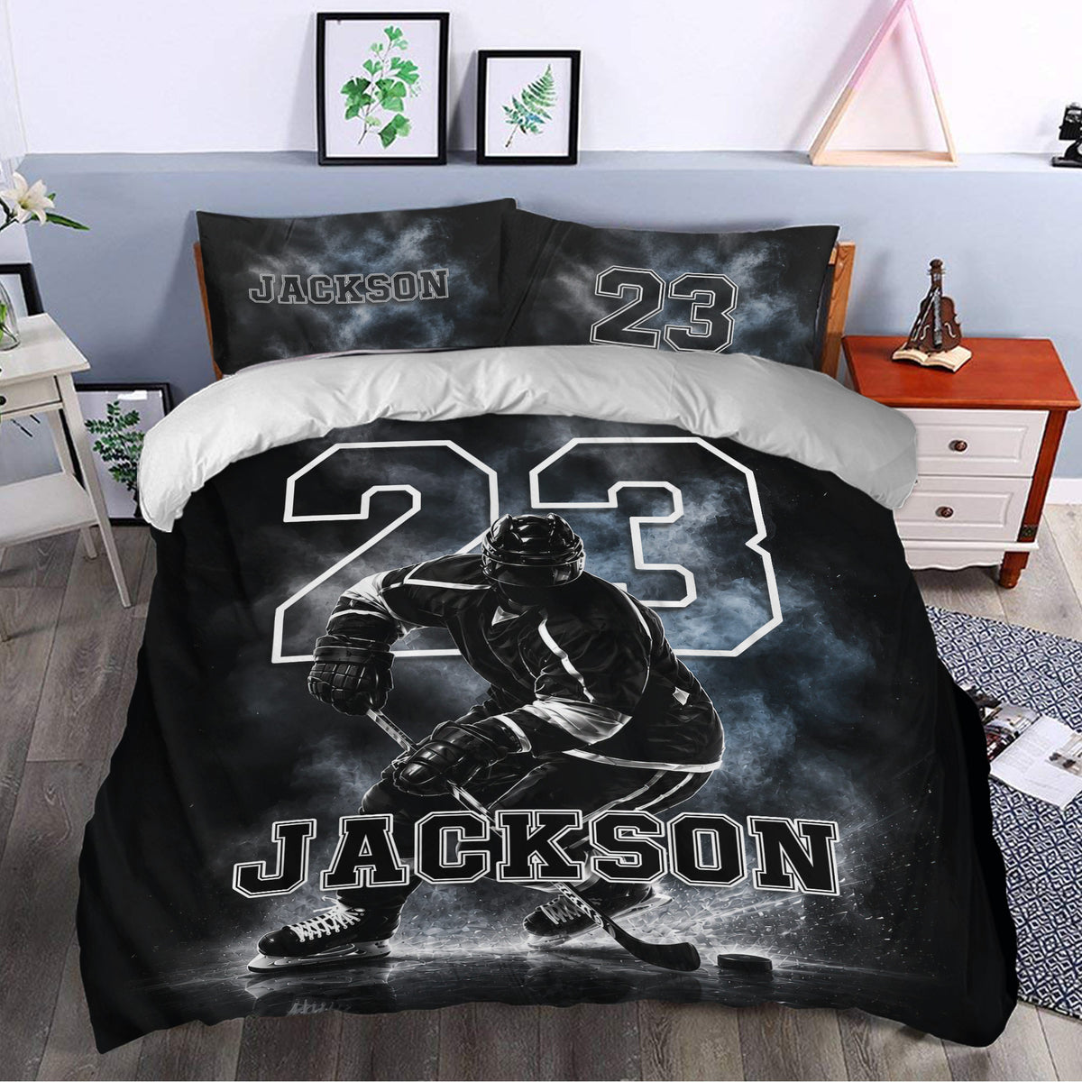 Ice hockey duvet cover set styled in a bedroom with a dramatic black rink scene, player artwork, and bold jersey number