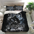 Black hockey duvet cover bedding set displayed in a bright bedroom with matching pillowcases and action player artwork