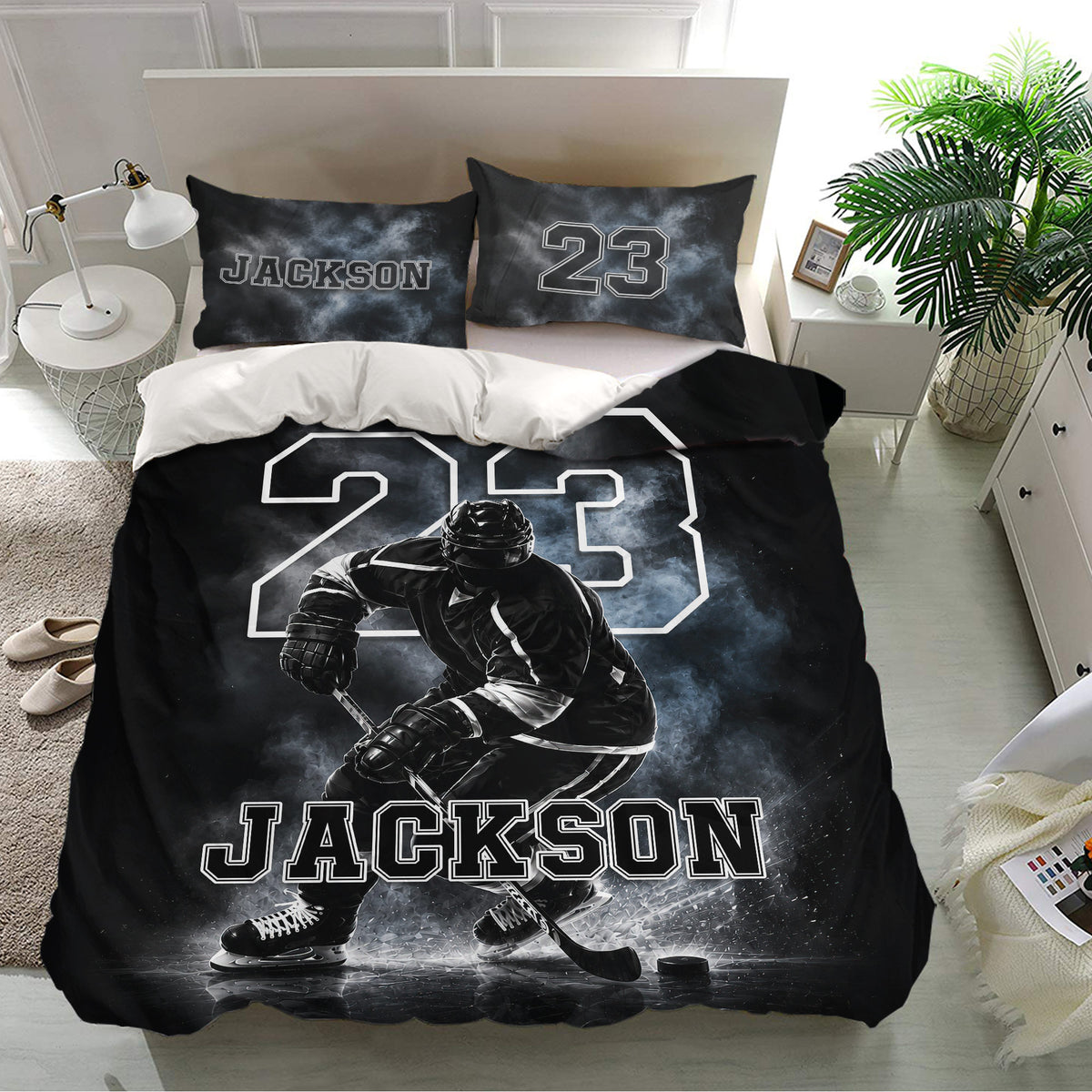 Black hockey duvet cover bedding set displayed in a bright bedroom with matching pillowcases and action player artwork