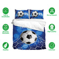Soccer duvet cover bedding set shown with blue goal net artwork and matching pillowcases