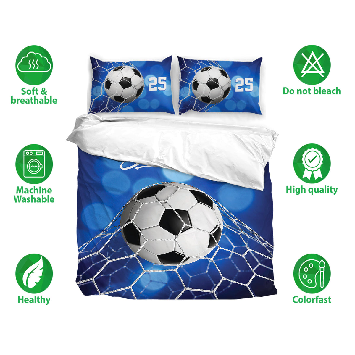 Soccer duvet cover bedding set shown with blue goal net artwork and matching pillowcases