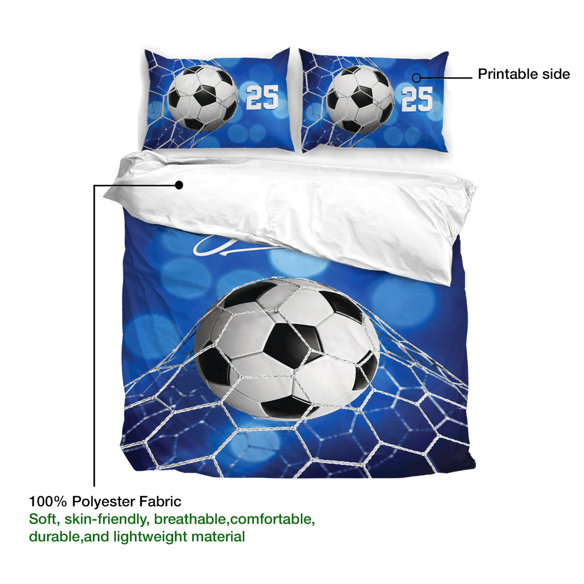 Soccer duvet cover set product view highlighting the printable blue artwork and soft polyester fabric