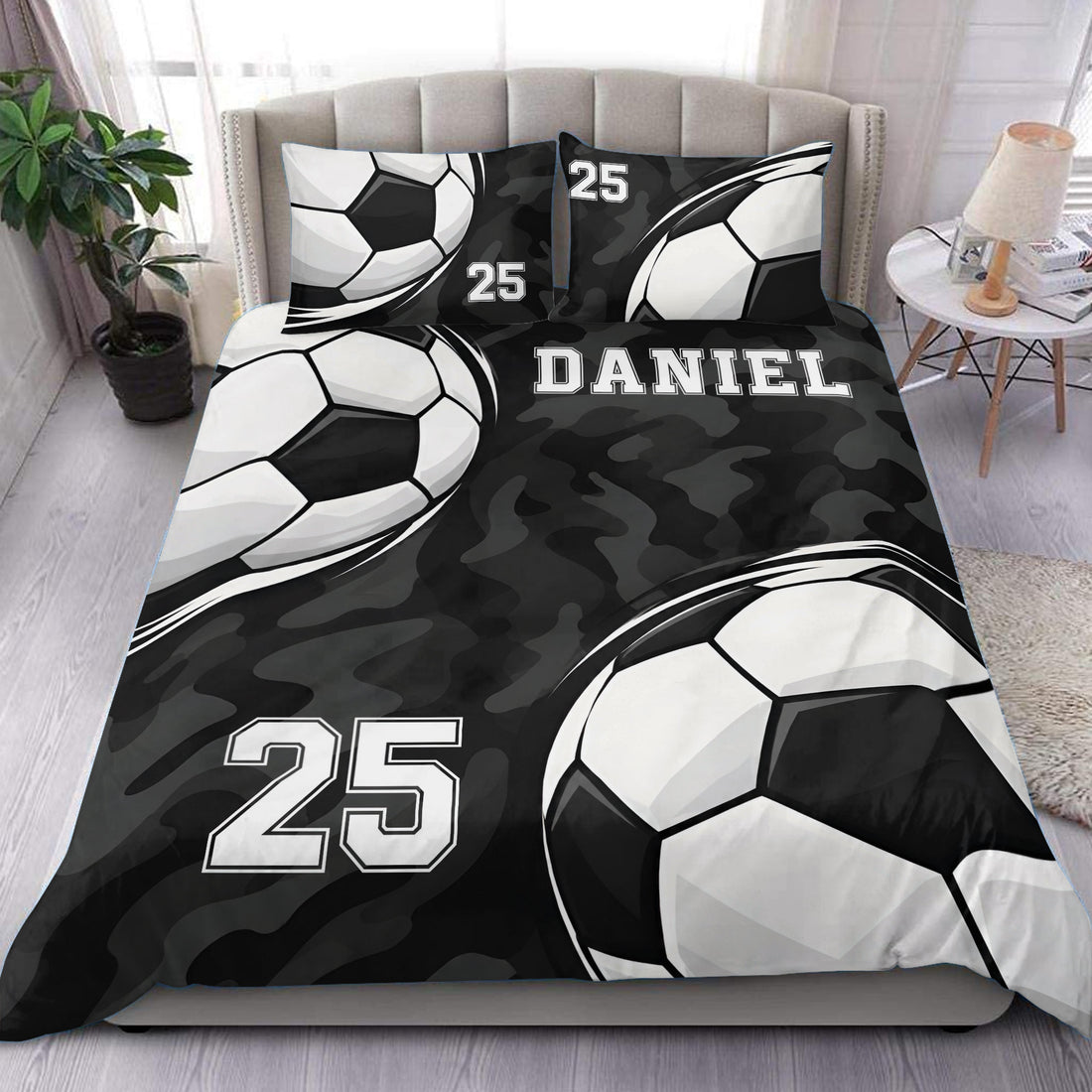 Custom soccer duvet cover bedding set with bold soccer balls, black camouflage artwork, and bedroom styling