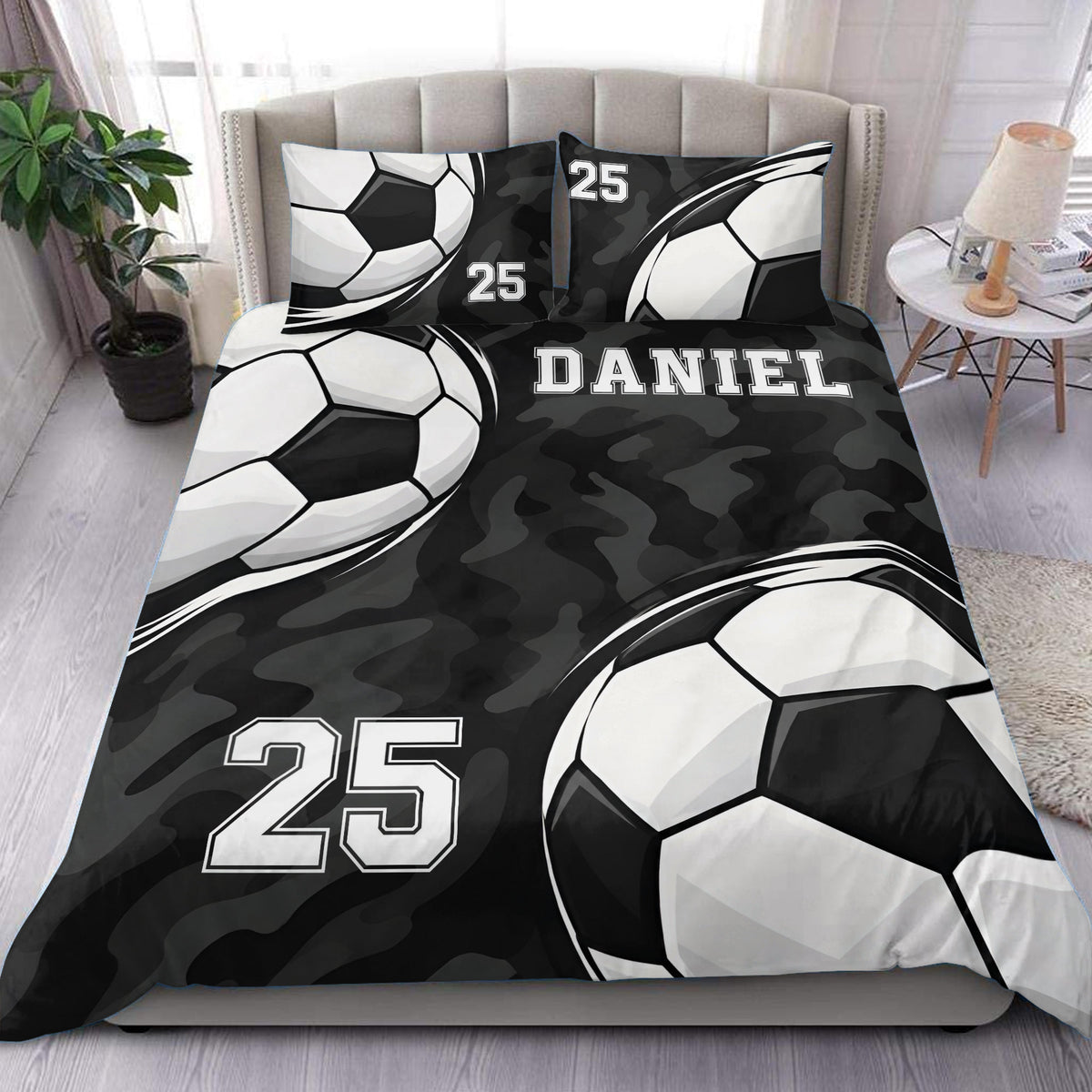 Custom soccer duvet cover bedding set with bold soccer balls, black camouflage artwork, and bedroom styling
