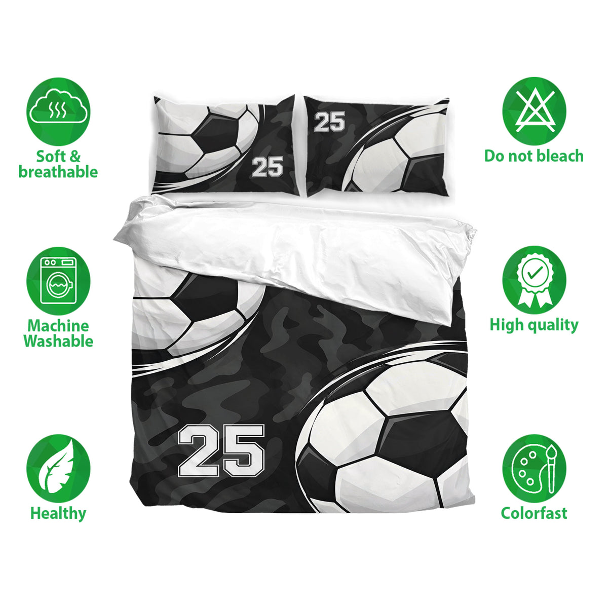 Soccer duvet cover bedding set displayed with bold ball artwork and black and white sports-inspired design