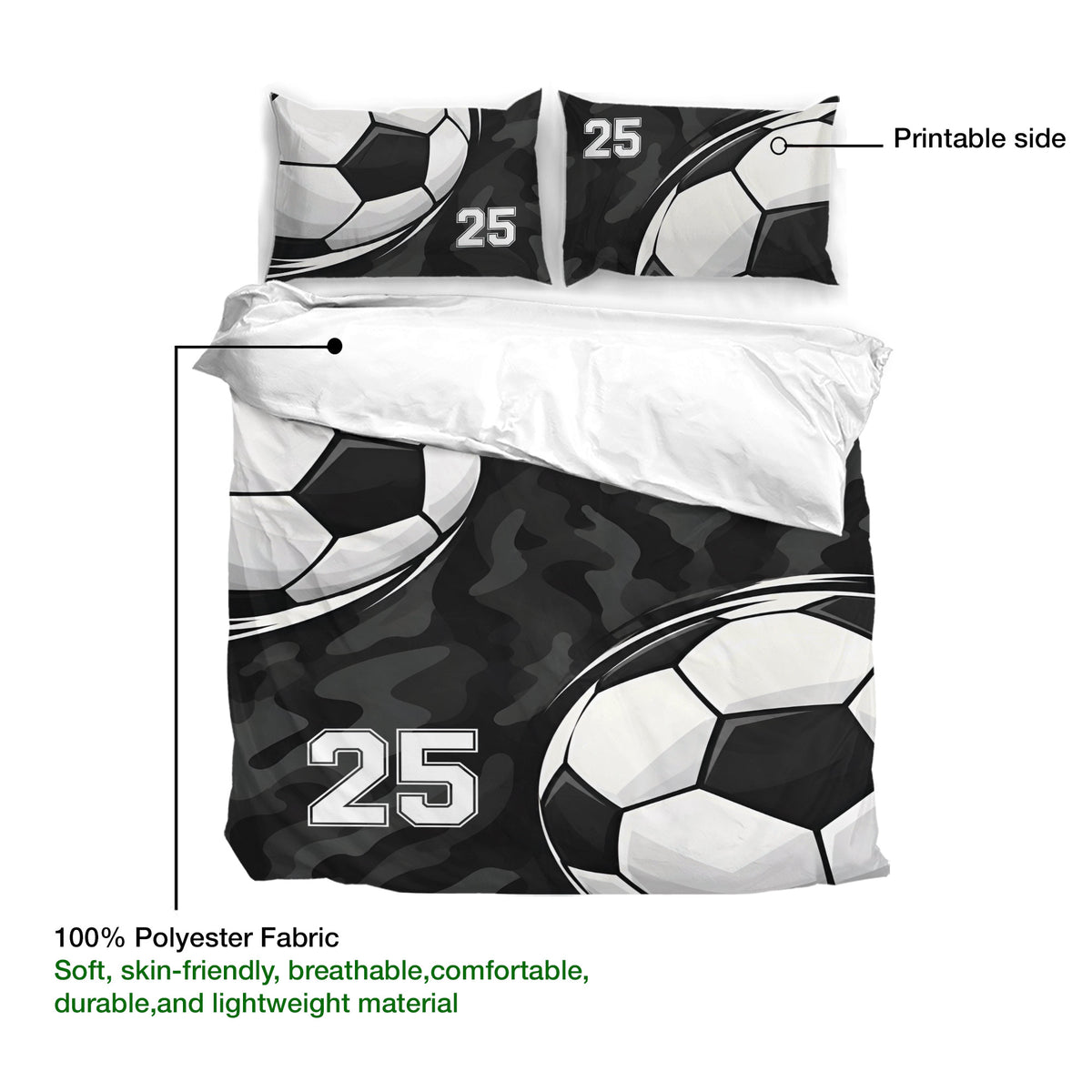 Soccer duvet cover bedding set detail showing printable artwork and soft polyester fabric construction