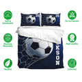 Soccer bedding set shown with matching pillowcases, bold navy artwork, and a large striking soccer ball
