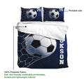 Soccer duvet cover set product presentation highlighting the printed side and navy soccer artwork