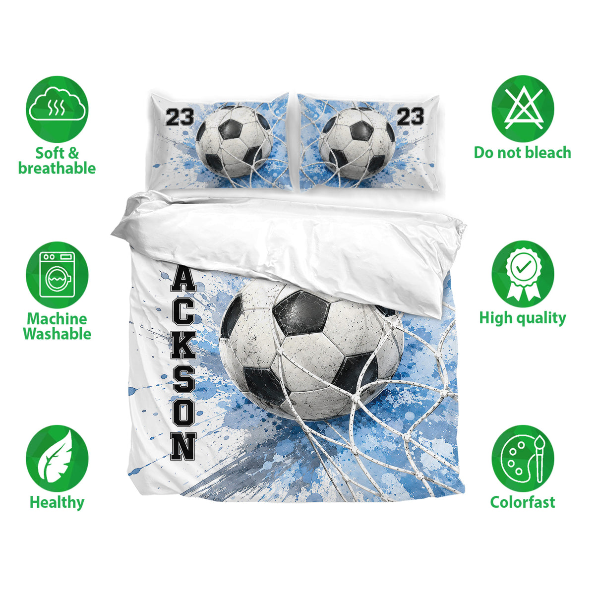 Soccer bedding set displayed with matching pillowcases and bold blue-and-white ball artwork