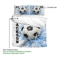 Soccer duvet cover artwork shown on a white and blue bedding set with ball and net details