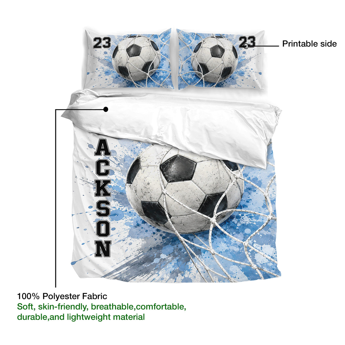 Soccer duvet cover artwork shown on a white and blue bedding set with ball and net details