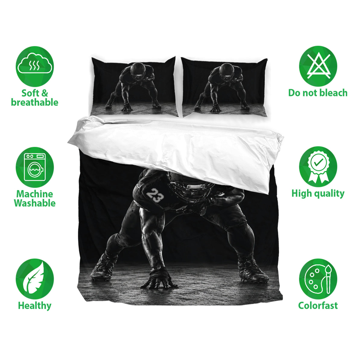 Football duvet cover bedding set shown with matching pillowcases and soft, breathable bedding features