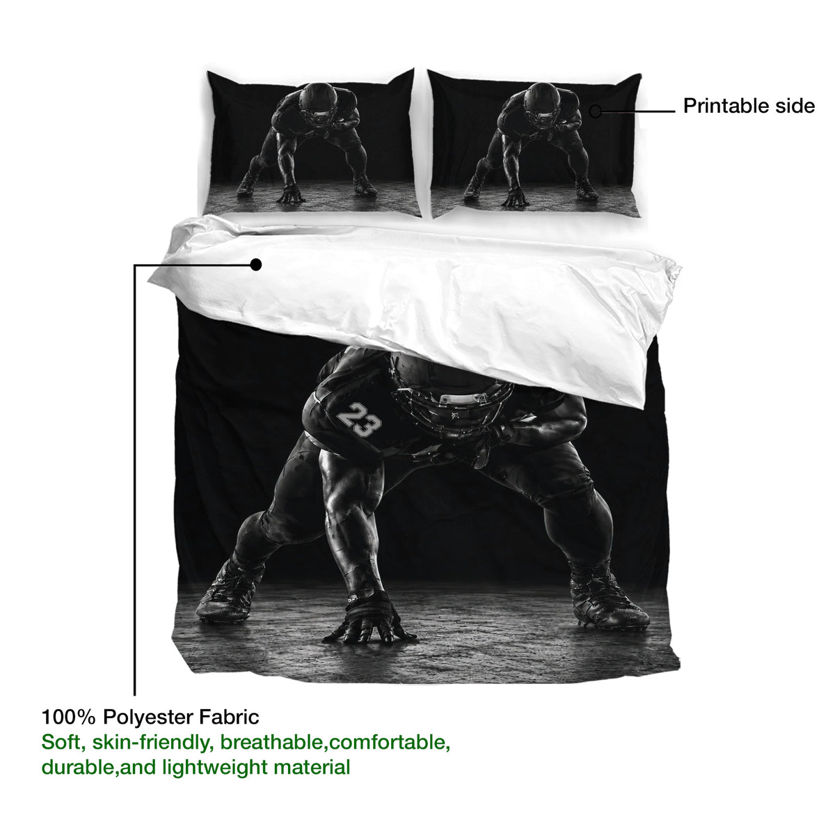 American football duvet cover set displayed with player artwork and fabric feature callouts