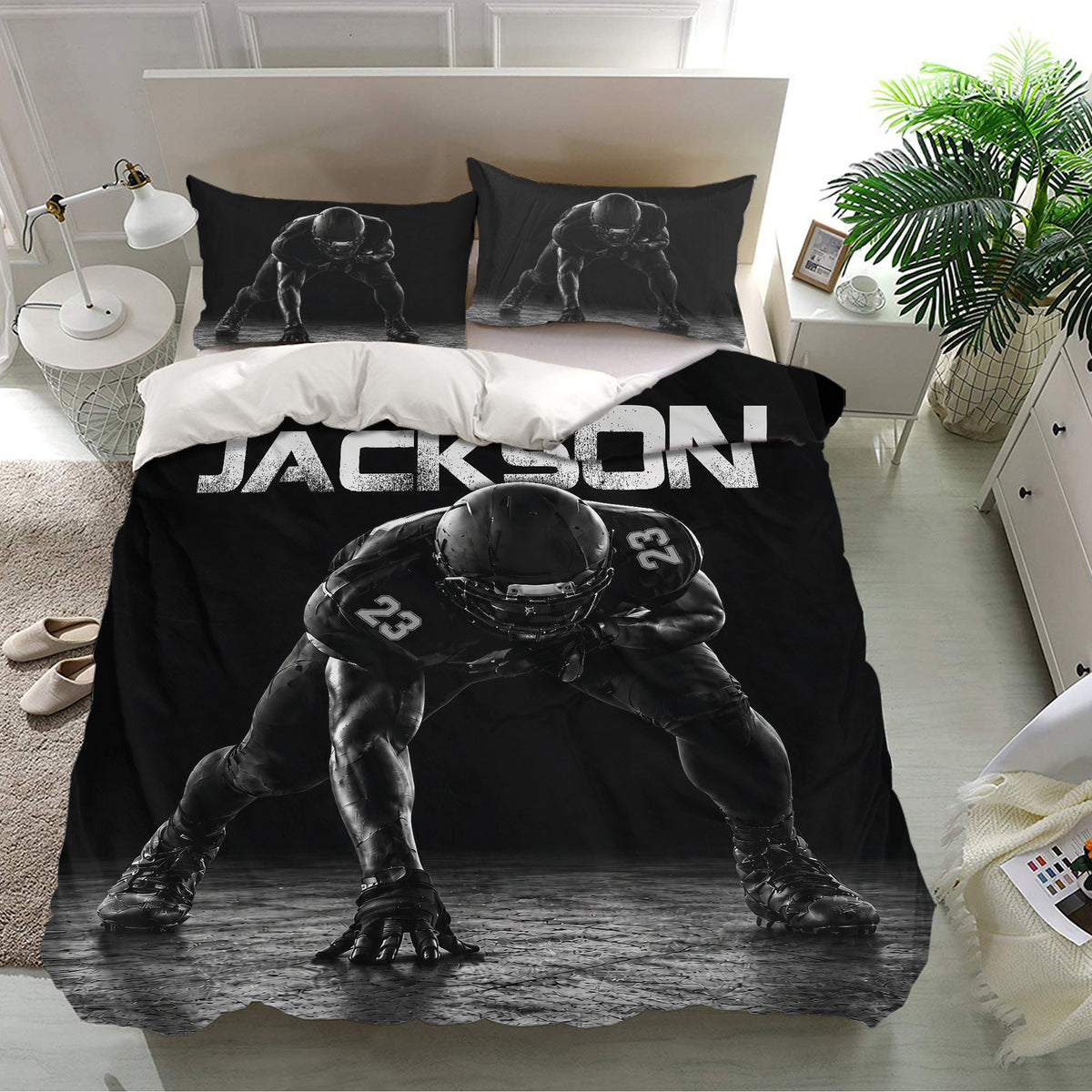 Football duvet cover and matching pillowcases styled in a bright modern bedroom