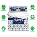 Hockey bedding set shown with printed duvet cover and matching pillowcases in navy and white