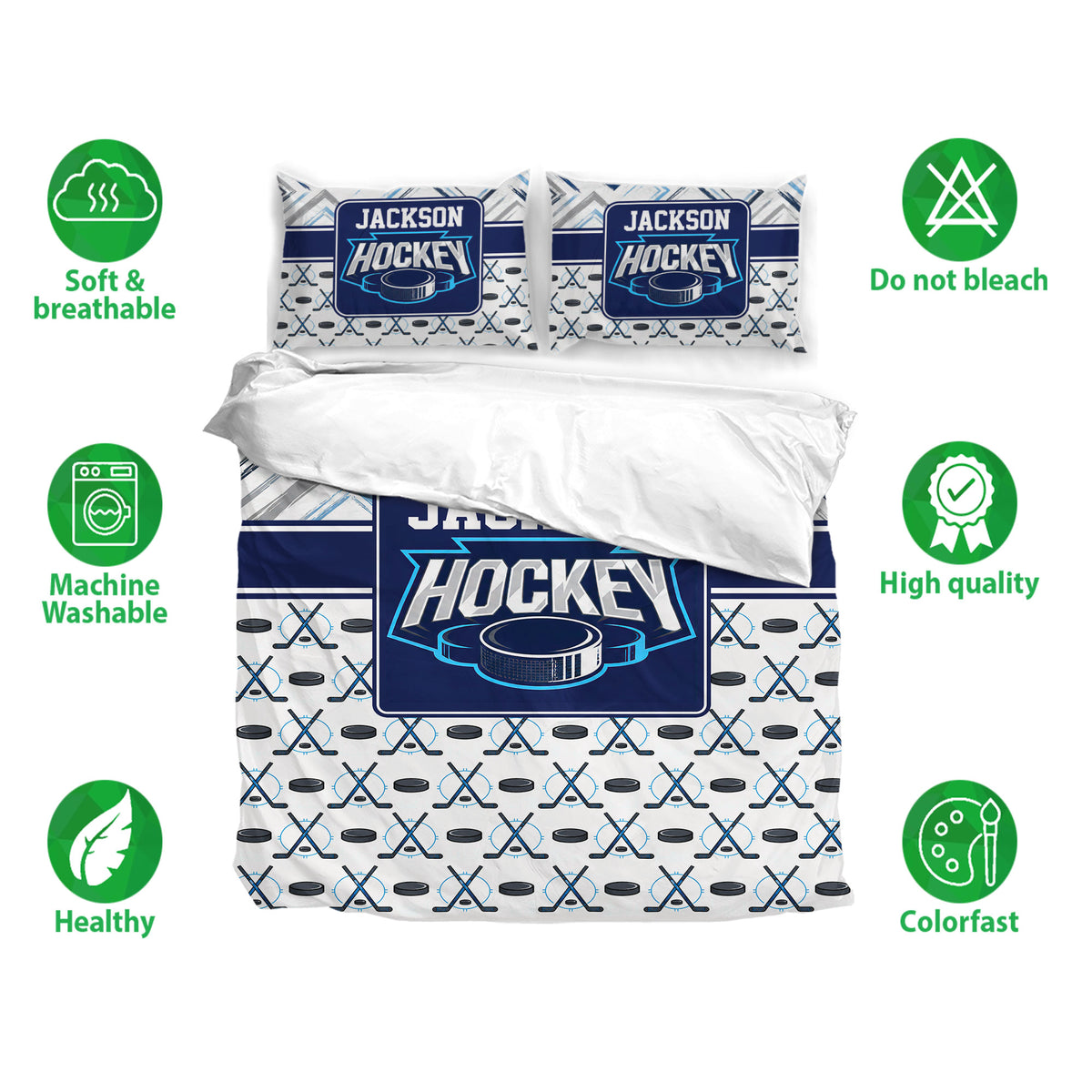 Hockey bedding set shown with printed duvet cover and matching pillowcases in navy and white
