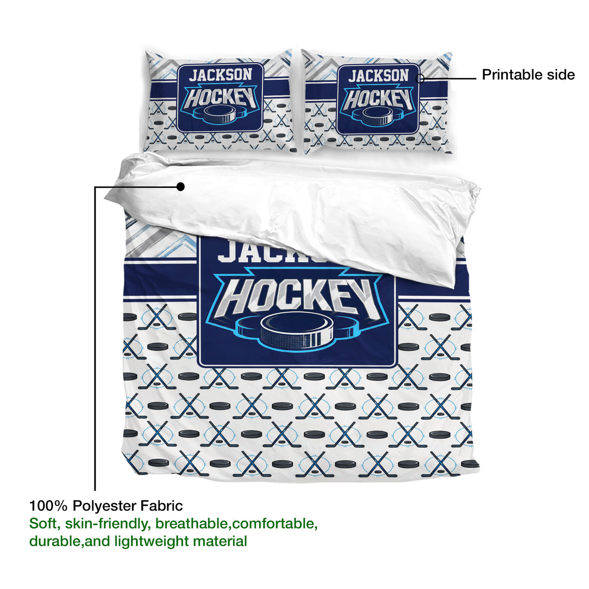Hockey duvet cover set detail showing the printable side and soft polyester fabric