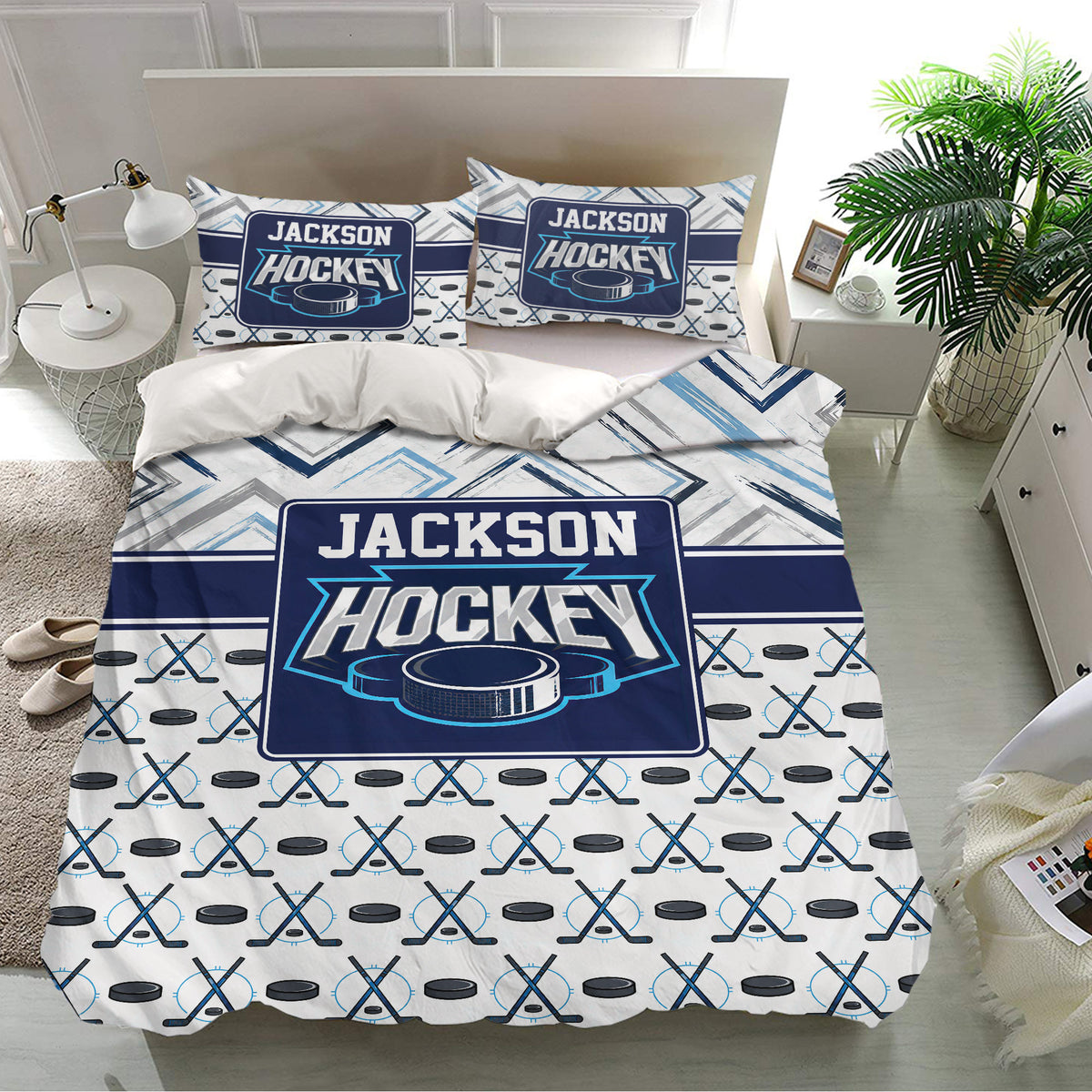 Hockey duvet cover displayed in a modern bedroom with matching pillowcases and puck pattern