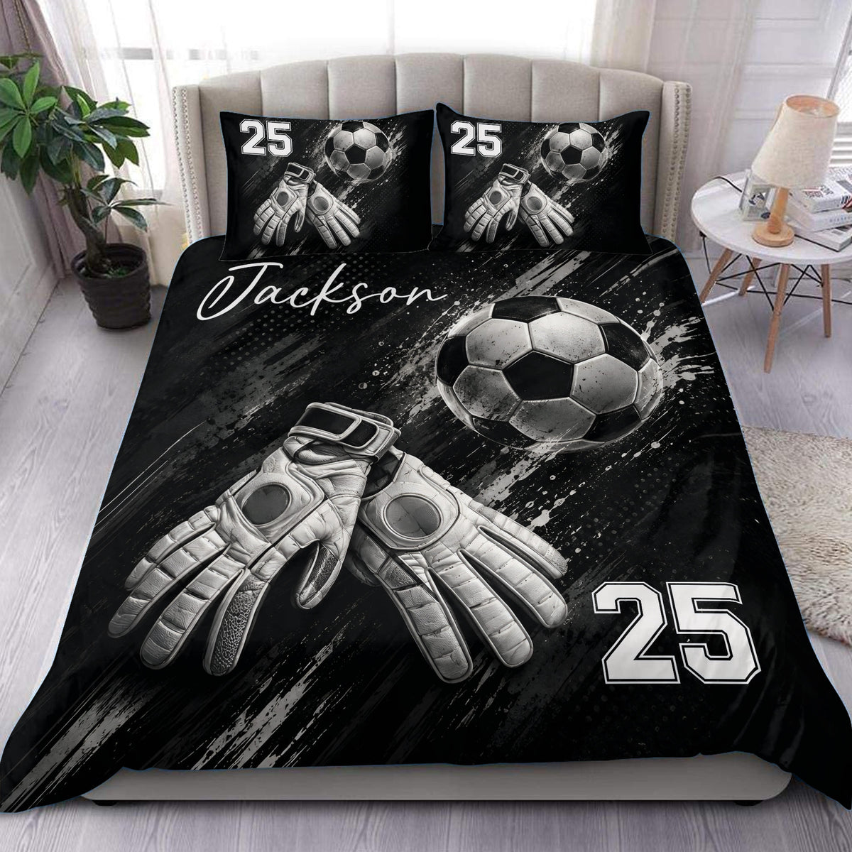 Black soccer duvet cover bedding set with goalkeeper gloves, soccer ball, bold white graphics, and bedroom styling