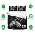 Soccer duvet cover set displayed with goalkeeper glove and soccer ball artwork in a black and white bedroom design