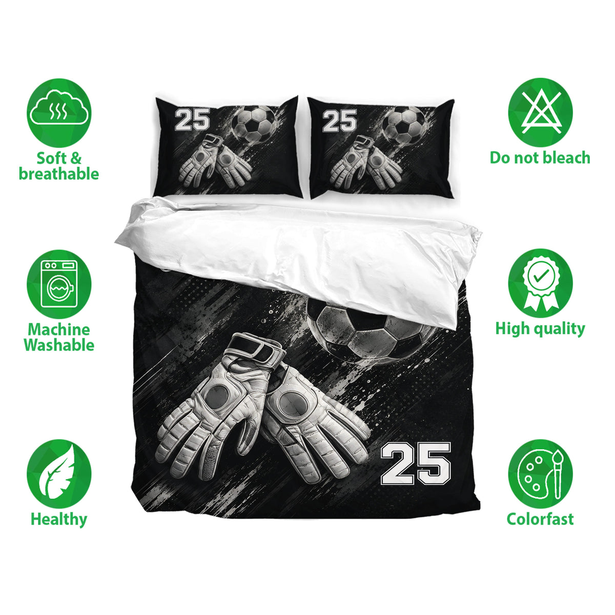 Soccer duvet cover set displayed with goalkeeper glove and soccer ball artwork in a black and white bedroom design