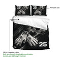 Soccer bedding set detail showing the printed duvet cover surface, matching pillowcases, and goalkeeper glove artwork